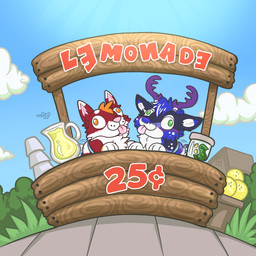 anthro cloud duo female food fruit funny_face lemon lemonade_stand light male plant silly silly_face summer sunlight toony naoto canid canine canis deer domestic_dog husky hybrid mammal nordic_sled_dog spitz 1:1 absurd_res hi_res