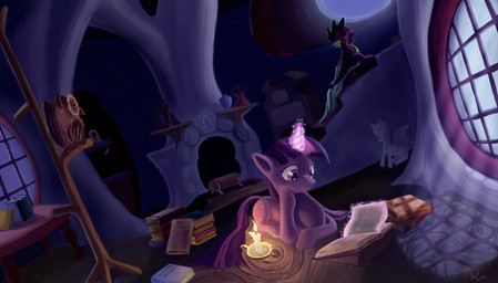 bedding blanket book brown_body brown_feathers candle candlelight detailed_background feathered_wings feathers female feral fireplace fur group hair horn horseshoe light log magic male moonlight multicolored_hair night purple_body purple_eyes purple_fur purple_hair reading shelf stairs studying tail two_tone_hair window wings wood tsitra360 friendship_is_magic hasbro my_little_pony mythology owlowiscious_(mlp) spike_(mlp) twilight_sparkle_(mlp) avian bird dragon equid equine mammal mythological_creature mythological_equine mythological_scalie owl scalie unicorn 2011 hi_res wallpaper widescreen