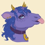 1:1 blue_eyes blue_hair bovid bovine cattle collar collar_tag ear_piercing female feral fur hair hasbro hi_res horn left_hand_drawing looking_at_viewer mammal moonbrush_(phathusa) my_little_pony phathusa piercing portrait purple_body purple_fur simple_background tongue tongue_out white_background