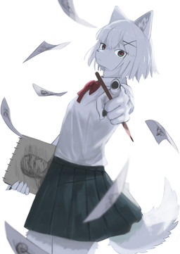 5_fingers anthro bottomwear clothing female fingers fur gesture hair hand_gesture paper pen pointing pointing_at_viewer school_uniform short_hair simple_background sketchbook skirt solo tail uniform white_background white_body white_fur white_hair mametunu canid canine canis mammal wolf 2023 absurd_res digital_drawing_(artwork) digital_media_(artwork) hi_res
