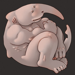 anthro fin flaccid genitals glans long_nose male muscular muscular_male pale_body pale_skin peeking_penis penis pink_glans shy simple_background sitting small_eyes small_teeth solo ravuer aquatic fish goblin_shark mackerel_shark mitsukurinid shark hi_res