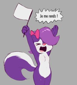4_fingers anthro begging_for_mercy bow_ribbon breasts crotch_tuft dialogue eyes_closed featureless_breasts female fingers fluffy fluffy_tail nude pear-shaped_figure pink_nose raised_arm small_breasts solo stereotype surrendering tail text tuft white_flag wide_hips e254e tiny_toon_adventures warner_brothers fifi_la_fume mammal mephitid skunk absurd_res french_text hi_res translated