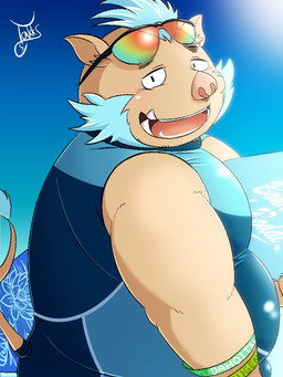 beach blue_facial_hair blue_hair blue_sideburns blush eyewear facial_hair hair male musclegut muscular overweight overweight_male seaside sideburns smile solo sun sunglasses surfboard vehicle watercraft wetsuit takkusk lifewonders tokyo_afterschool_summoners ganglie_(tas) mammal suid suine sus_(pig) wild_boar 3:4
