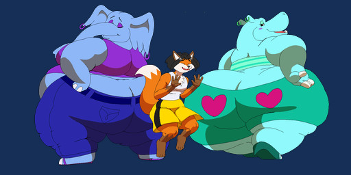 anthro back_fat belly between_butts big_belly big_breasts big_butt black_hair blue_body bodily_fluids bottomwear bra breasts butt butt_cleavage butt_smother cleavage clothed clothing denim denim_bottomwear denim_clothing dominant dominant_female ear_piercing ear_ring eyelashes female footwear fur green_body group hair huge_breasts huge_butt hyper hyper_butt jeans looking_back makeup male male/female nervous nervous_smile open_mouth orange_body orange_fur overweight overweight_anthro overweight_female pants piercing proboscis_(anatomy) ring_piercing sandals shirt shoes shorts size_difference smile smothering sweat sweatdrop sweatpants tank_top teeth teeth_showing thick_thighs topwear trio trunk_(anatomy) underwear white_body white_fur wide_hips kazecat 3_dog_band canid canine common_hippopotamus elephant elephantid fox hippopotamid mammal proboscidean 2:1 animated hi_res loop