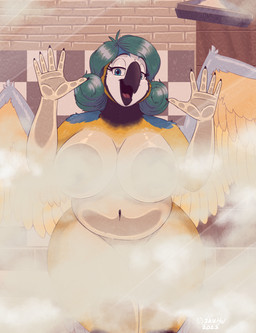 5_fingers against_surface anthro arm_markings arm_tuft back_wings beak bedroom_eyes big_breasts black_beak black_body black_claws black_eyebrows black_feathers blue_body blue_eyes blue_feathers breasts brick_wall cheek_tuft claws convenient_censorship countershade_face countershade_legs countershade_thighs countershade_torso countershading curly_hair curvy_figure detailed_background exposure_variation eyebrows eyelashes facial_markings facial_tuft feathers female fingers green_hair hair head_markings in_shower logo looking_at_viewer markings narrowed_eyes navel neck_markings on_glass open_beak open_mouth red_tongue seductive shoulder_markings shoulder_tuft shower_head solo steam steam_censorship tail tail_feathers tan_body tan_feathers thick_thighs tile tile_wall tongue tuft voluptuous wall_(structure) white_body white_feathers wing_tuft wings yellow_body yellow_feathers jayheartwing barwa_(breakstep) avian bird macaw neotropical_parrot parrot true_parrot 2023 absurd_res artist_logo censored hi_res shaded signature