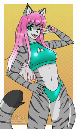anthro arm_tuft bikini black_nose chest_tuft cleavage_cutout clothing countershade_face countershade_torso countershading cutout dipstick_ears dipstick_tail ear_markings ear_tuft elbow_tuft female fur gesture gradient_hair green_clothing green_eyes green_swimwear grey_body grey_fur hair hand_gesture hand_on_hip hand_on_own_hip hip_tuft long_hair looking_at_viewer markings multicolored_ears navel one_eye_closed pawpads pink_hair shoulder_tuft simple_background slim smile smiling_at_viewer solo sport_swimsuit standing striped_body striped_fur stripes swimwear tail tail_markings tuft two-piece_swimsuit v_sign white_hair wink winking_at_viewer atlas_jkb anya_(atlas_jkb) domestic_cat felid feline felis mammal tabby_cat 3:5 absurd_res hi_res watermark