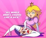 blonde_hair blue_eyes clothing clothing_aside dialogue duo eyelashes female footwear frown hair high_heels looking_at_viewer male not_furry open_mouth panties panties_aside shoes talking_to_viewer text underwear underwear_aside unofficial_art zone luigi's_ballad mario_bros ninja_sex_party nintendo princess_peach human mammal toad_(mario) english_text