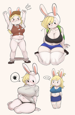 alternate_species anthro beady_eyes big_breasts black_eyes blonde_hair blush breasts clothed clothing ellipsis eyelashes female front_view fur hair kneeling navel simple_background slightly_chubby solo speech_bubble thick_thighs white_background white_body white_fur wide_hips xeppir adventure_time cartoon_network fionna_the_human lagomorph leporid mammal rabbit hi_res