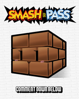 :> ambiguous_gender black_eyes block blush brick brick_block brown_body eyelashes looking_at_viewer monotone_body simple_background solo text text_background what white_background downrightshoddy mario_bros nintendo animate_inanimate cube_creature absurd_res english_text hi_res