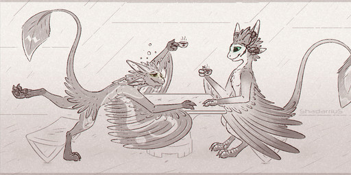 3_fingers 4_ears 4_toes ambiguous_gender anthro biped blue_eyes chair claws container countershade_face countershade_feathers countershade_neck countershade_torso countershading cup digitigrade drunk duo earpiece falling_over feathers feet finger_claws fingers furniture gloves_(marking) green_eyes holding_container holding_cup holding_object hot_beverage humor leaning_on_table leg_markings looking_at_another markings multi_ear nude pawpads paws scuted_feet scuted_hands scutes side_view sitting snout socks_(marking) substance_intoxication table tail tail_tuft tapering_tail toe_claws toes tuft underpaw winged_arms wings shadarrius avali aliasing binary_drawing digital_drawing_(artwork) digital_media_(artwork) hi_res spot_color