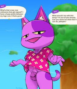 4_fingers anthro ball_tuft balls bottomless clothed clothing dialogue fingers flaccid foreskin fur genitals inner_ear_fluff looking_at_viewer male markings navel nipple_outline nipples open_mouth penis pubes purple_body purple_fur shirt shirt_only smile solo speech_bubble spots spotted_body tail text topwear topwear_only translucent translucent_clothing translucent_topwear tuft wind yellow_eyes half_dime animal_crossing nintendo bob_(animal_crossing) domestic_cat felid feline felis mammal absurd_res english_text hi_res
