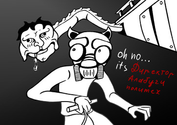 anthro blush bodily_fluids duo fingers gas_mask hair lips male mask pipe saliva standing text toony eyescutout domestic_cat felid feline felis mammal monster english_text monochrome