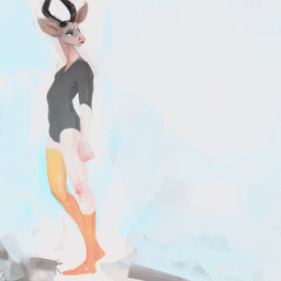 2_horns anthro biped clothed clothed_anthro clothed_male clothing footwear half-closed_eyes horn humanoid_hands legwear leotard looking_back male male_anthro narrowed_eyes painterly plantigrade side_view simple_background socks solo standing thigh_highs thigh_socks tight_clothing 7b7a2f antelope bovid bovine mammal nyala spiral-horned_antelope 1:1 2023 digital_media_(artwork) hi_res