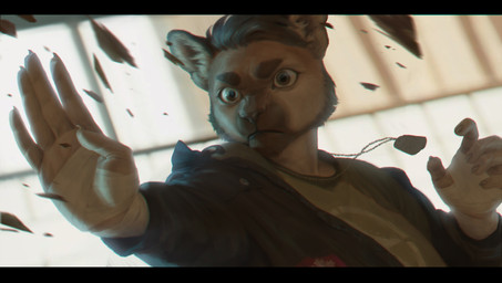 anthro black_bars clothed clothing dog_tags fighting_pose front_view fully_clothed jacket male pose shards solo topwear wind terry_grimm gwnf74 ralph_belachuk cougar felid feline mammal bust_portrait digital_media_(artwork) hi_res letterbox portrait