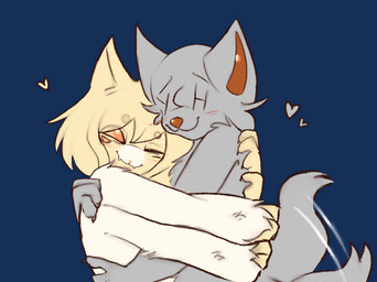 4_arms 4_eyes ambiguous_gender anthro blush duo fangs female fluffy_arms fur grey_body grey_fur hair heart_symbol hug multi_arm multi_eye multi_limb orange_eyes orange_nose round_nose short_hair tail tail_motion tailwag teeth yellow_body yellow_fur kittencrumb string_(kittencrumb) ych_(character) arachnid arthropod domestic_cat felid feline felis hybrid mammal spider alpha_channel hi_res