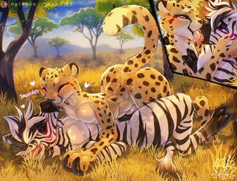 animal_genitalia anthro anthro_on_anthro black_body black_fur blush duo eyes_closed femboy femboy/femboy french_kissing fully_sheathed fur genitals grass hand_holding interlocked_fingers interspecies kissing licking_tongue lying male male/male nude on_back on_top open_mouth outside penis plant predator/prey savanna sheath spots stripes tail tongue tongue_out white_body white_fur wizzikt cheetah equid equine felid feline mammal zebra 2025 hi_res