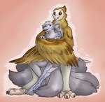 3_toes 4_toes 9_tails anthro cuddling duo feet female male male/female multi_tail simple_background size_difference tail talons tattoo toes themuffinly tyro_albian avian bird canid canine fox mammal owl hi_res