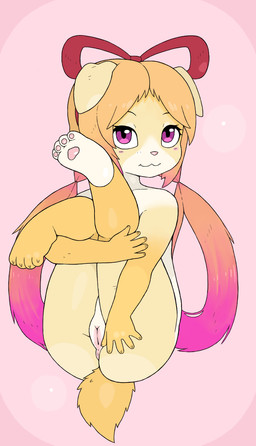 anthro anus big_butt bow_ribbon butt feet_up female fur genitals hair long_hair long_tail looking_at_viewer lying multicolored_body multicolored_hair nude on_back orange_body orange_fur orange_hair pawpads pink_pawpads pose smile solo tail vulva white_body white_fur yellow_eyes young young_female y0dare lagomorph leporid mammal rabbit hi_res pinup