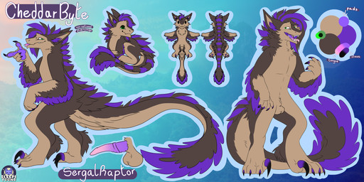 animal_genitalia anthro balls brown_body brown_fur claws ear_piercing feather_hair feathers fluffy fluffy_tail fully_sheathed fur genitals green_eyes looking_at_viewer male mohawk multicolored_body multicolored_fur penis piercing pseudo_hair purple_body purple_fur sheath solo standing tail tapering_penis teeth_showing tongue tongue_out sleepitoons cheddarbyte dinosaur dromaeosaurid hybrid prehistoric_species reptile saurischian scalie sergal theropod 2:1 absurd_res hi_res model_sheet
