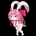 anthro big_breasts blush breasts female female_anthro fluffy fluffy_tail fur gift_wrapped hair leaning leaning_forward long_ears pink_hair red_eyes short_stack smile solo standing tail thick_thighs translucent translucent_hair white_body white_fur wrapped claydust gunfire_reborn tao_(gunfire_reborn) hare lagomorph leporid mammal 1:1 2024 absurd_res alpha_channel digital_drawing_(artwork) digital_media_(artwork) hi_res