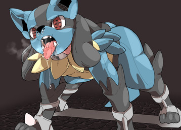 anthro bdsm black_nose bodily_fluids bondage bound clothing collar drooling lock male open_mouth saliva simple_background solo spikes submissive submissive_male suit teeth tongue tongue_out kinakomochi_199 nintendo pokemon canid canine generation_4_pokemon lucario mammal pokemon_(species) 2016 alternate_version_at_source digital_drawing_(artwork) digital_media_(artwork)