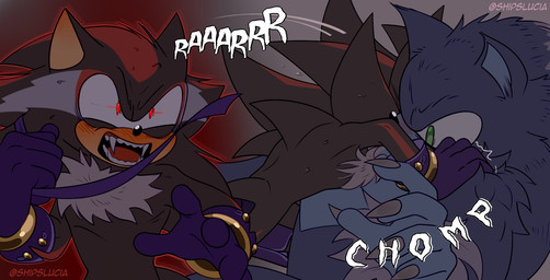 angry bared_teeth bearing_fangs bite blush blush_lines bodily_fluids duo fur male male/male onomatopoeia roaring sound_effects sweat sweatdrop teasing teeth text shipslucia sega sonic_the_hedgehog_(series) sonic_unleashed shadow_the_hedgehog sonic_the_hedgehog sonic_the_werehog eulipotyphlan hedgehog mammal vampire werecreature wereeulipotyphlan werehog hi_res