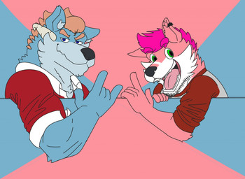 anthro barazoku blue_body blue_fur body_hair clothed clothing devil_horns_(gesture) duo facial_hair fur gesture hand_gesture happy horn male muscular muscular_anthro muscular_male orange_body pink_body pink_fur purple_body size_difference smile whiskers white_body white_fur zordykeaboo keaboo zordy canid canine canis domestic_dog hybrid mammal