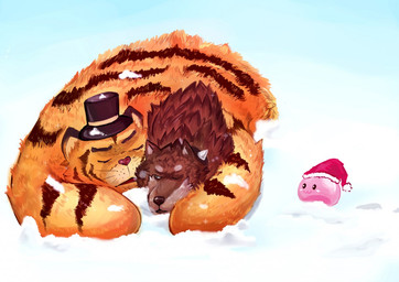 anthro clothing eyes_closed group hat headgear headwear heart_nose heart_symbol hug snow trio luluangel ragnarok_online atroce eddga canid canine canis felid mammal pantherine tiger wolf 2015