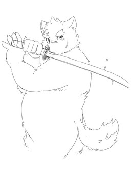 5_fingers anthro claws eyebrows fingers katana looking_at_viewer male melee_weapon nude_male overweight overweight_male scar serious simple_background solo sword tail weapon white_background okoge_16 lifewonders tokyo_afterschool_summoners moritaka_(tas) canid canine canis domestic_dog mammal 2024 3:4 monochrome sketch