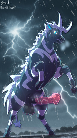 angry animal_genitalia animal_penis balls blush bodily_fluids electricity equine_genitalia equine_penis erection feral fur genital_fluids genitals glowing glowing_eyes lightning looking_at_viewer low-angle_view male nude outside penis raining solo storm tail wet bundefault nintendo pokemon equid equine generation_5_pokemon mammal pokemon_(species) zebstrika 9:16 absurd_res digital_media_(artwork) hi_res