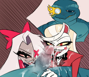 anthro blush bodily_fluids bukkake cum cum_drip cum_in_mouth cum_inside cum_on_face cum_on_hand cum_on_penis dripping ejaculation erection face_in_crotch female genital_fluids genitals group high-angle_view licking looking_at_viewer male male/female nude oral penis tongue trio catsnotart hazbin_hotel hellaverse charlie_morningstar vaggi_(hazbin_hotel) amphibian angel demon frog humanoid flat_colors hi_res