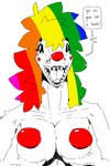 anthro big_breasts bodily_fluids breasts clown clown_makeup clown_nose female hair nipple_caps saliva saliva_string simple_background smile solo deltav dinosaur dromaeosaurid prehistoric_species reptile scalie theropod 2:3 digital_media_(artwork) hi_res partially_colored sketch