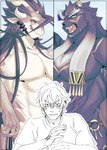 abs anthro blush group hair_tassels male male/male muscular muscular_anthro pecs trio izm_rm7 lifewonders mythology tokyo_afterschool_summoners fuxi_(tas) protagonist_(tas) tezcatlipoca_(tas) twink_protagonist_(tas) dragon felid human mammal mythological_creature mythological_scalie pantherine scalie absurd_res hi_res