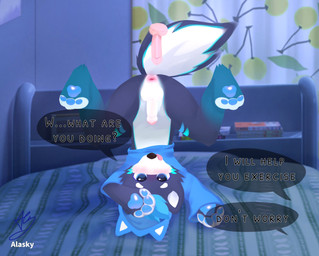 anthro anus ass_up bed biped black_eyes blep blue_body blue_clothing blue_eyes blue_fur blue_hair blue_hoodie blue_topwear blush blush_lines bottomless bottomless_anthro bottomless_male bottomwear bulge clothed clothing disembodied_penis duo erection fur furniture genitals hair hoodie humanoid_genitalia humanoid_penis kemono male male/male on_bed penis pink_anus shorts shota slim_anthro slim_male speech_bubble tail tail_motion tailwag text tongue tongue_out topwear white_body white_fur young young_anthro young_male fur_alasky canid canine canis domestic_dog husky mammal nordic_sled_dog spitz 2021 english_text hi_res