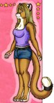 anthro blonde_hair blue_eyes bottomwear breasts brown_body brown_fur chakona_space cleavage clothed clothing cougar dipstick_tail felid feline female fur hair herm_(lore) kalika-tybera mammal markings multicolored_tail pink_nose shirt shorts side_view solo stargazer_(goldfur) tail tail_markings tank_top topwear