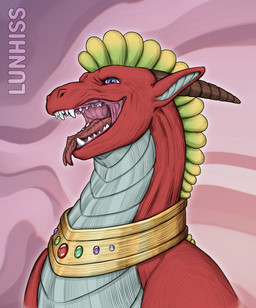 collar feral gem gold_(metal) gold_collar horn jewelry male metal_collar mouth_shot open_mouth smile solo teeth text tongue tongue_out lunhiss mythology dragon mythological_creature mythological_scalie scalie 2026 artist_name bust_portrait digital_drawing_(artwork) digital_media_(artwork) hi_res portrait shaded