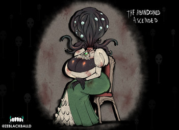 beady_eyes big_breasts black_body black_tentacles blood blood_on_clothing blue_eyes bodily_fluids breasts chair cleavage clothed clothing dress female front_view furniture green_clothing green_dress huge_breasts sitting solo tentacles teratophilia topwear white_clothing white_topwear ze_blackball.d eldritch_abomination eldritch_humanoid humanoid absurd_res hi_res