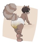 abdl anthro bodily_fluids clothed clothing diaper diaper_fetish diaper_only genital_fluids green_eyes hair looking_at_viewer looking_back male markings pawpads paws peeing simple_background solo striped_markings striped_tail stripes tail tail_markings topless unclean_diaper urine used_diaper watersports wearing_diaper wet_diaper o'coon canid canine mammal procyonid raccoon raccoon_dog tanuki hi_res