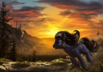 2012 blitztavia bracelet castle cliff cutie_mark detailed_background earth_pony equid equine fan_character feral forest hair hasbro hi_res horse huussii jewelry male mammal multicolored_hair my_little_pony nature outside plant pony purple_eyes river running smile solo star sun sunset tree wood