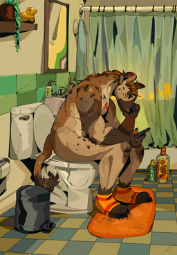 4_toes 5_fingers anthro bathroom black_nose brown_body brown_fur brown_hair butt casual_nudity cellphone chest_tattoo clothing electronics feet fingers footwear footwear_only fur hair hindpaw humanoid_hands male markings mostly_nude mostly_nude_anthro mostly_nude_male nude nude_anthro nude_male paws phone sitting sitting_on_toilet smartphone socks socks_only solo spots spotted_body spotted_fur tattoo toeless_footwear toeless_socks toes toilet ononoip axel_(klausd) hyena mammal spotted_hyena hi_res
