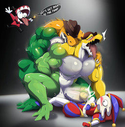 after_orgasm anal anal_penetration anthro balls big_balls big_muscles big_pecs big_penis bisexual bisexual_sandwich bite bodily_fluids candy clothing cowboy_hat_only cum cum_on_face cumshot dessert dialogue ejaculation female female_human female_on_anthro food fool's_hat genital_fluids genitals gloves group group_sex gummy_(food) handwear hat headgear headwear human_on_anthro humanoid_genitalia humanoid_penis interspecies jester_outfit male male/female male/male male_anthro male_on_human male_penetrated male_penetrating male_penetrating_male muscular muscular_anthro muscular_male muscular_on_muscular pecs penetration penile penile_penetration penis penis_in_ass sandwich_position selfcest sex shoulder_bite speech_bubble square_crossover text tongue tongue_out trio white_body white_skin zaqiizawa glitch_productions the_amazing_digital_circus caine_(tadc) evil_gummigoo_(tadc) gummigoo_(tadc) pomni_(tadc) alligatorid crocodilian food_creature gummy_creature human living_candy mammal reptile scalie 2026 english_text