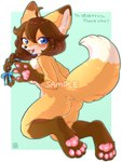 4_fingers 4_toes accessory ahoge anthro blue_bow blue_eyes blue_ribbon blush border bow_(feature) bow_accessory bow_ribbon braided_hair braided_ribbon braided_tail breasts brown_body brown_fur brown_hair brown_nose butt chest_tuft claws convenient_censorship digitigrade dipstick_ears dipstick_tail ear_markings fangs feet female female_anthro finger_claws fingers fluffy fur gloves_(marking) hair hair_accessory hair_bow hair_ribbon happy kemono kneeling leg_markings looking_at_viewer looking_back looking_back_at_viewer markings multicolored_body multicolored_ears multicolored_fur multicolored_tail nude open_mouth open_smile pawpads paws ponytail ribbon_in_braid ribbons side_boob side_ponytail smile smiling_at_viewer socks_(marking) solo tail tail_markings teeth text toes tongue tuft white_body white_border white_fur yellow_body yellow_fur koto0v0haru yoterisa canid canine fox mammal red_fox true_fox 2022 3:4 commissioner_name digital_media_(artwork) english_text hi_res japanese_text translation_request watermark