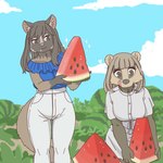 clothed clothing duo female feral food fruit kemono licking licking_lips melon plant tongue watermelon watermelon_slice ekaki510 badger civet japanese_badger mammal masked_palm_civet meles mustelid musteline palm_civet viverrid 1:1