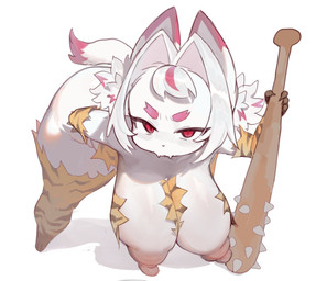 anthro areola baseball_bat bat_(object) bent_over big_breasts big_butt breasts butt club_(weapon) fangs female fur looking_at_viewer melee_weapon nipples red_eyes sagging_breasts solo teeth thick_thighs weapon white_body white_fur imaspacebar imaspacebar_(character) domestic_cat felid feline felis mammal