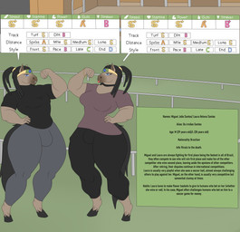 anthro big_butt black_hair blue_eyes breasts bulge butt choker clothed clothing dreadlocks duo flexing gynomorph hair hand_on_hip information_box intersex jewelry kerchief male muscular muscular_anthro muscular_male necklace stats text thick_thighs tongue tongue_out wide_hips photolol.03 los-hermanos-santos_(photolol.03) equid equine horse mammal absurd_res digital_drawing_(artwork) digital_media_(artwork) english_text flat_colors hi_res