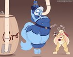 anthro arms_tied belly belly_expansion belly_inflation big_belly big_breasts big_butt blue_body blue_fur bound breasts butt clothed clothing duo expansion female fur hair hose hose_in_mouth hose_inflation inflation legs_tied obese obese_anthro obese_female open_mouth overweight overweight_anthro overweight_female simple_background stuffing stuffing_(food) tail text thick_thighs weight_gain wide_hips nekocrispy mammal comic digital_media_(artwork) english_text