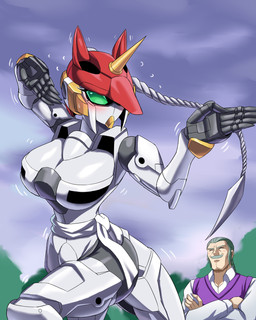 big_breasts blush braided_hair braided_ponytail breasts cleavage cleft_chin clothed clothing cloud crossed_arms duo eyes_closed facial_hair female female_focus green_eyes grey_facial_hair grey_hair grey_mustache hair horn humanoidized machine male martial_arts motion_lines mouthplate mustache outside overcast ponytail pose sash satisfied_look shirt sky solo_focus sweater sweater_vest topwear unicorn_horn vest zerokun135 g_gundam gundam fuunsaiki_(mobile_suit) master_asia android animal_humanoid equid equid_humanoid equine equine_humanoid human humanoid mammal mammal_humanoid robot 4:5 absurd_res hi_res