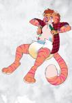 anthro bodily_fluids clothed clothing diaper fur genital_fluids simple_background solo unclean_diaper urine used_diaper wearing_diaper wet_diaper wetting dracky felid mammal pantherine tiger hi_res signature