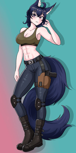 abs belly biped breasts female female_humanoid fluffy fluffy_tail gun inner_ear_fluff military ranged_weapon solo standing tail topic tuft weapon invz original_character_do_not_steal elly_(invz) animal_humanoid canid canid_humanoid canine canine_humanoid humanoid mammal mammal_humanoid absurd_res hi_res