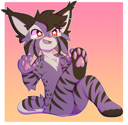 4_fingers anthro brown_markings cheek_tuft chest_tuft claws cute_fangs ear_piercing facial_tuft fangs fingers fur hair male markings multicolored_body multicolored_fur nude open_mouth pawpads piercing pink_nose pink_pawpads purple_body purple_fur red_eyes short_hair sitting solo spots spotted_markings star_pupils striped_markings stripes tail tan_markings teeth tuft white_claws appliei felid feline lynx mammal 2023 colored digital_drawing_(artwork) digital_media_(artwork) hi_res shaded